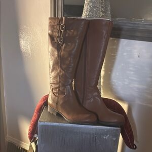 Brown Over the Knee Boots with Buckles and Suede Finish